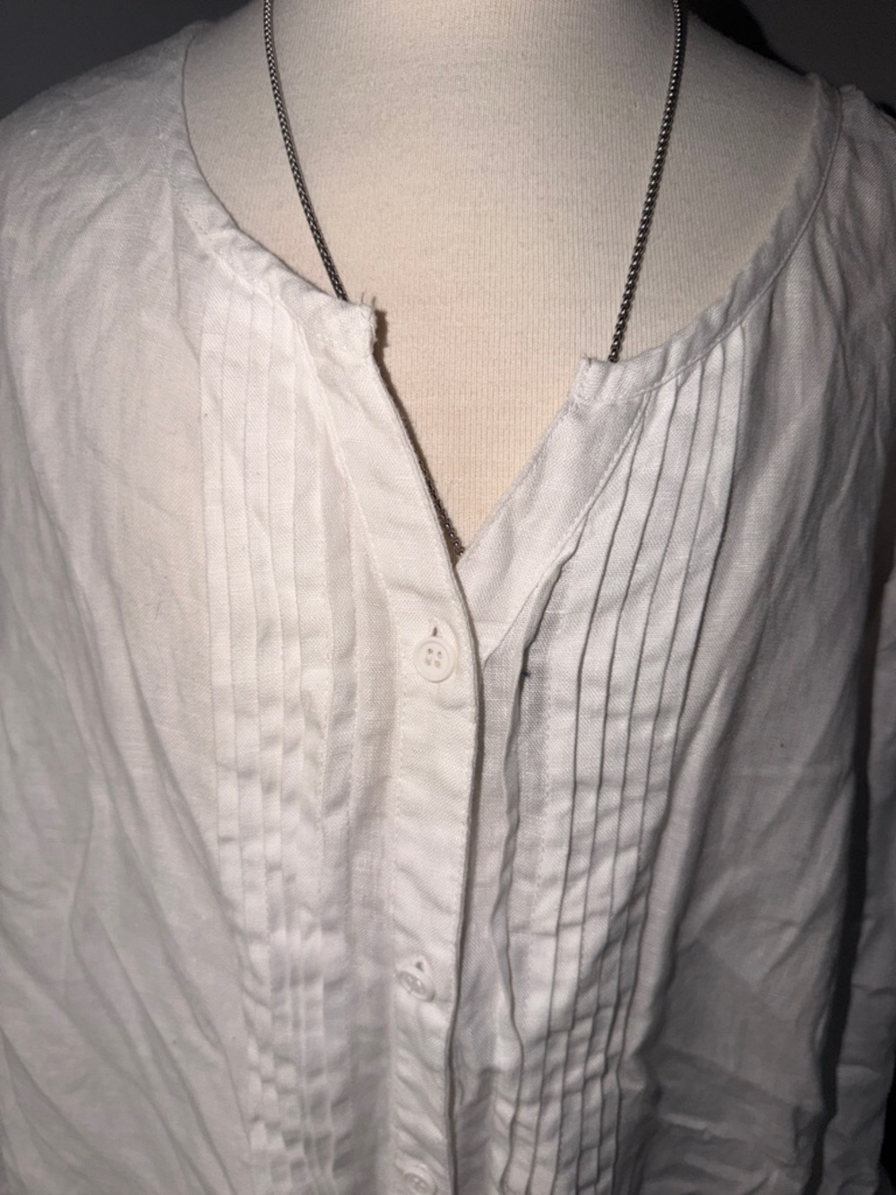 Ulla Popken 100% Linen White Pintuck Button-Front Linen-Blend Shirt